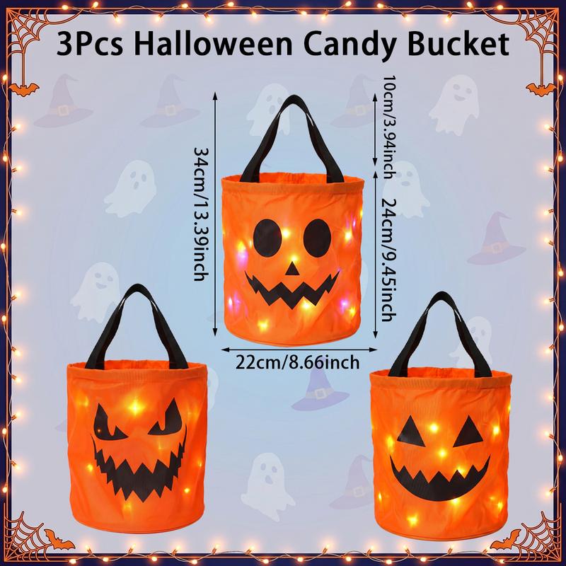LED Light Halloween Pumpkin Candy Bucket Bags – Reusable Trick or Treat Tote