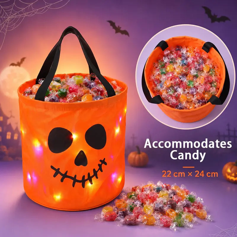 LED Light Halloween Pumpkin Candy Bucket Bags – Reusable Trick or Treat Tote