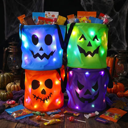 LED Light Halloween Pumpkin Candy Bucket Bags – Reusable Trick or Treat Tote