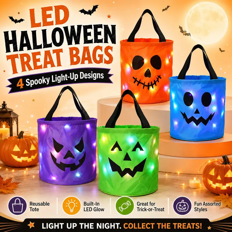 LED Light Halloween Pumpkin Candy Bucket Bags – Reusable Trick or Treat Tote
