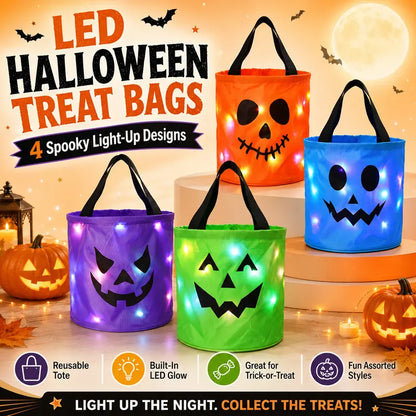 LED Light Halloween Pumpkin Candy Bucket Bags – Reusable Trick or Treat Tote