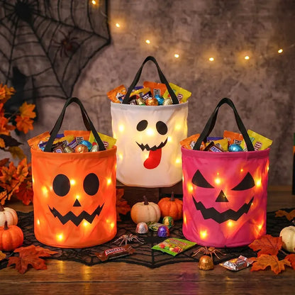 LED Light Halloween Pumpkin Candy Bucket Bags – Reusable Trick or Treat Tote