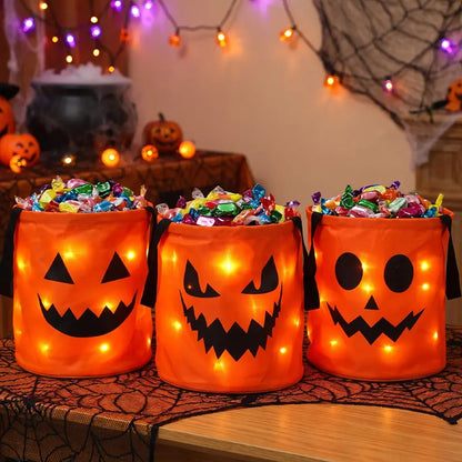 LED Light Halloween Pumpkin Candy Bucket Bags – Reusable Trick or Treat Tote