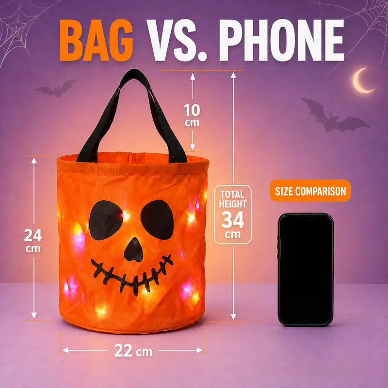 LED Light Halloween Pumpkin Candy Bucket Bags – Reusable Trick or Treat Tote