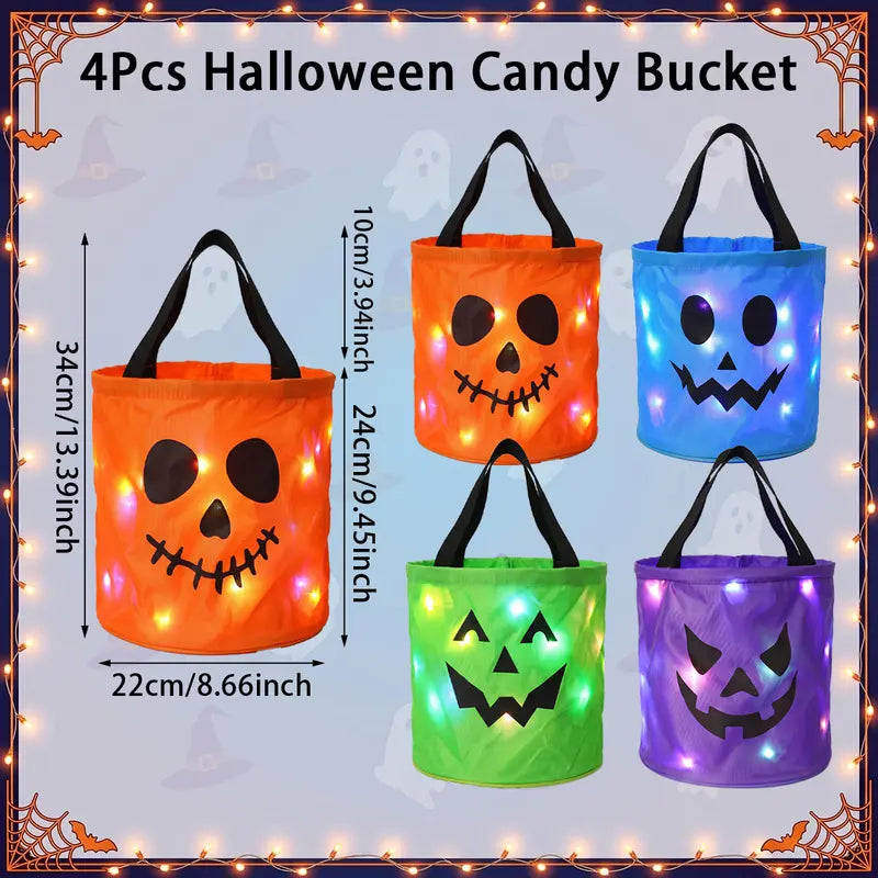 LED Light Halloween Pumpkin Candy Bucket Bags – Reusable Trick or Treat Tote